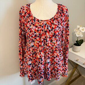 Copper Key XL Floral Peplum Blouse Red Blue Long Sleeve